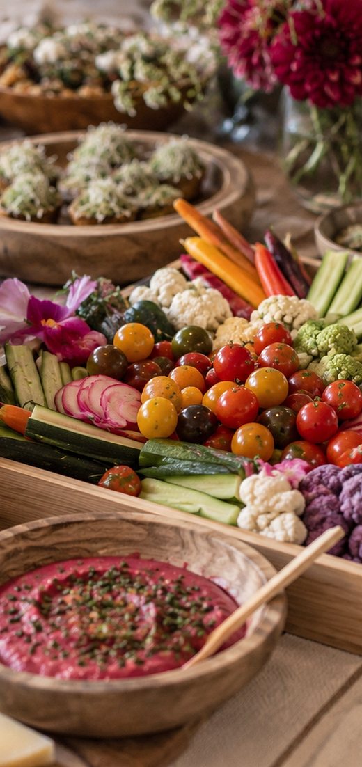 A long table laid with bowls of vegetables, dips and flowers at a gathering