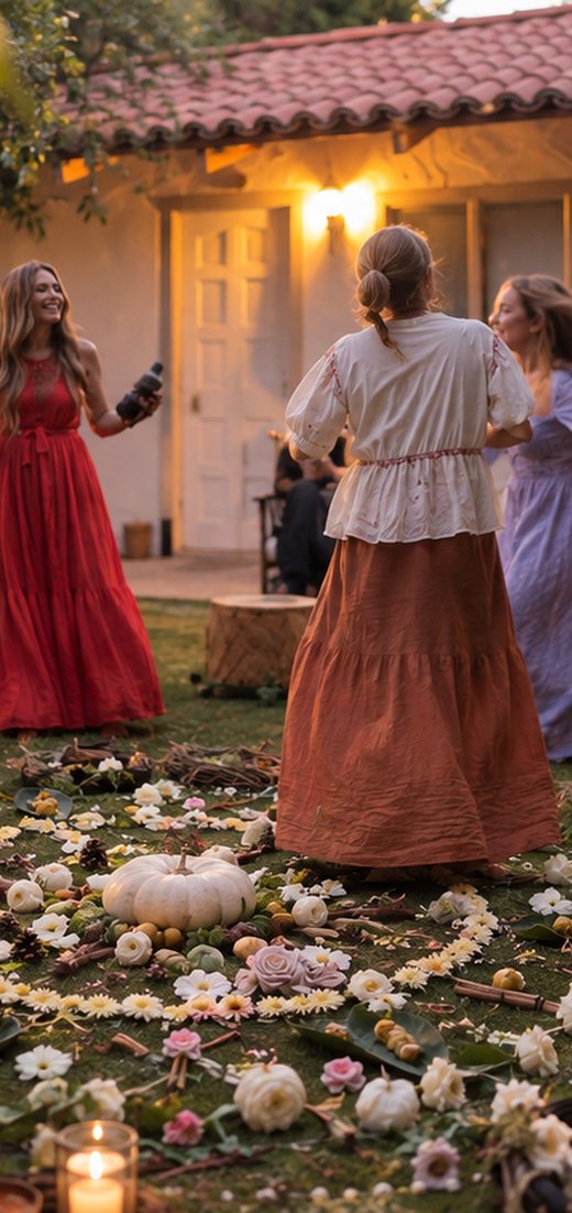Guests moving together on a lawn strewn with flowers outside a tiled house