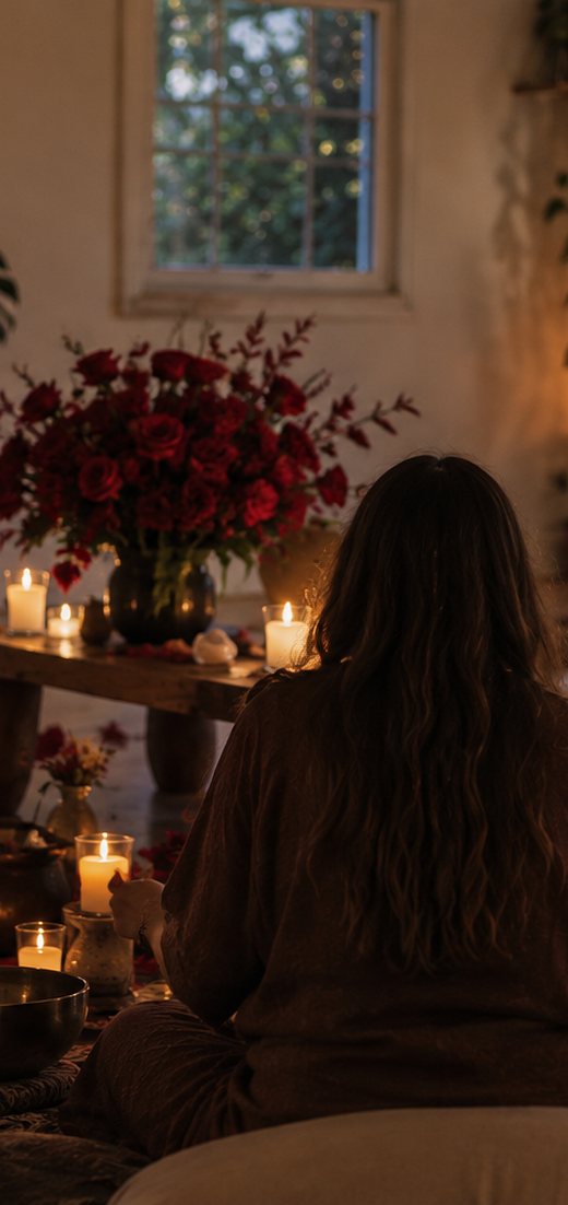 A woman seated in a candlelit circle inside a room banked with red flowers
