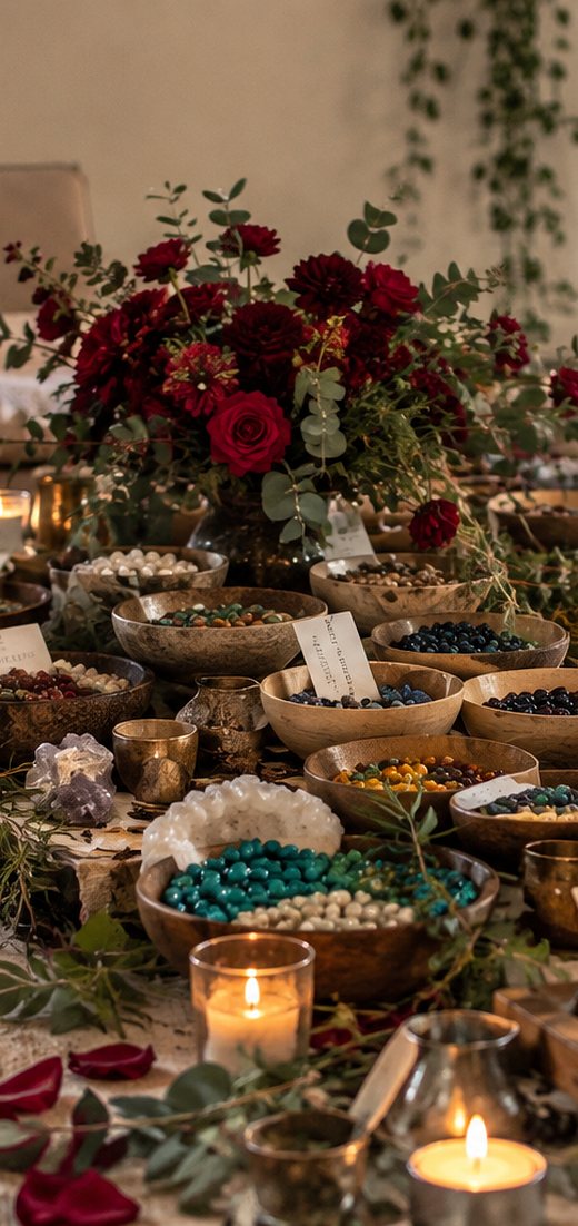 A low table of candles, bowls and deep red blooms set for a ceremony