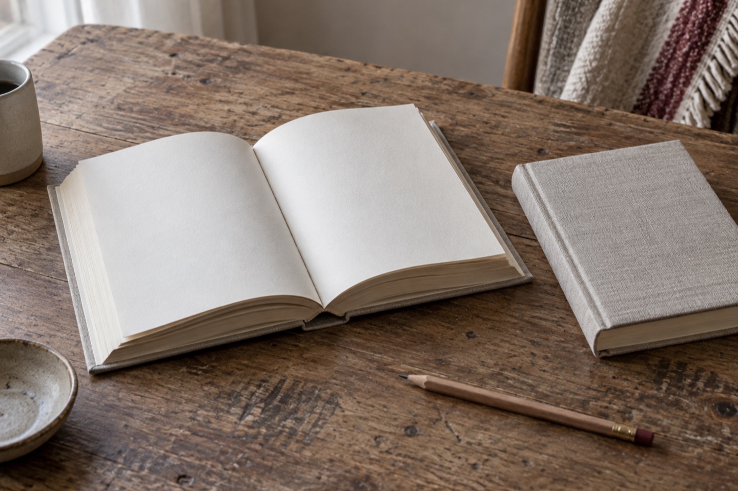An open blank book on a wooden table beside a pencil