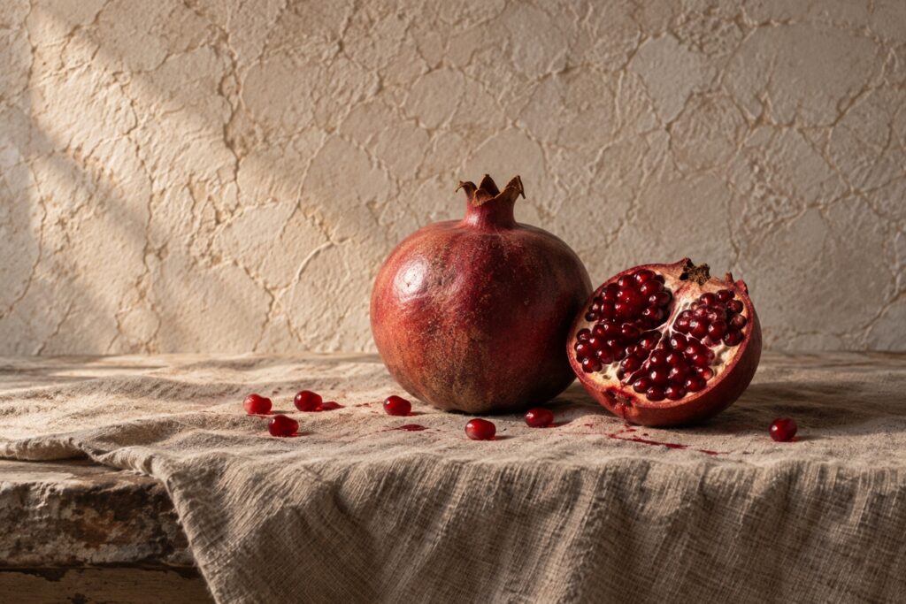 A whole pomegranate and a halved pomegranate on linen cloth