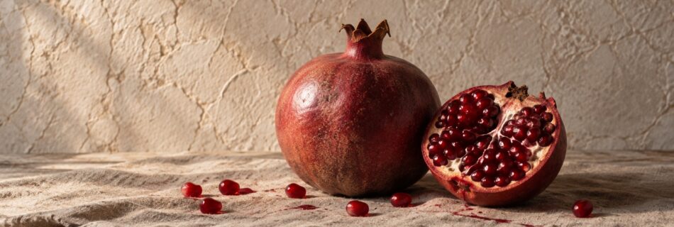 A whole pomegranate and a halved pomegranate on linen cloth